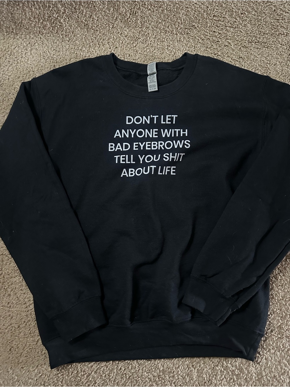 Black Graphic Crewneck Sweatshirt with White Text